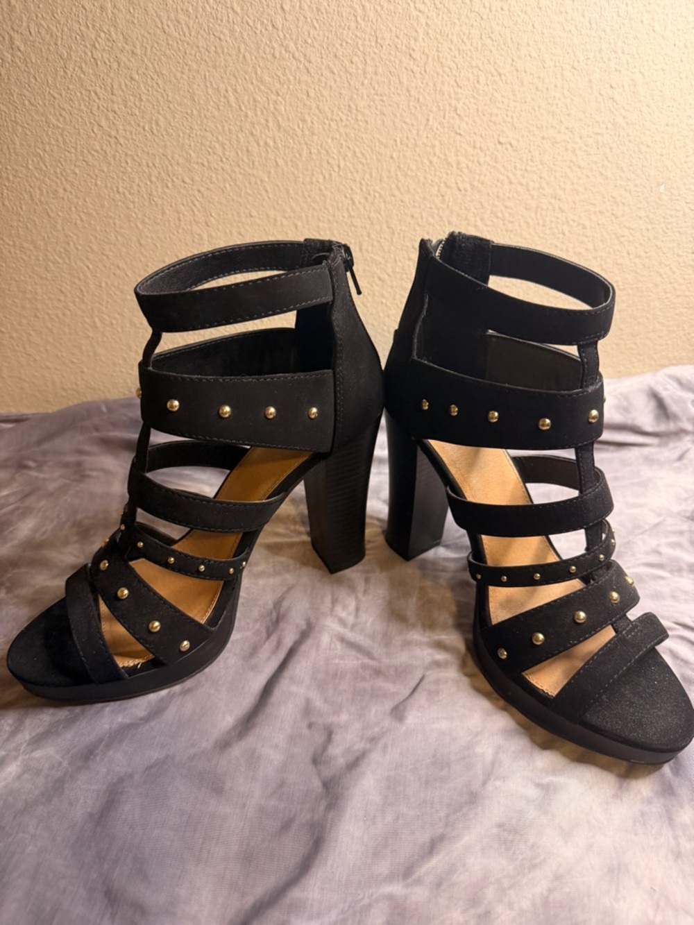 Black Studded Strappy High Heel Sandals - Women